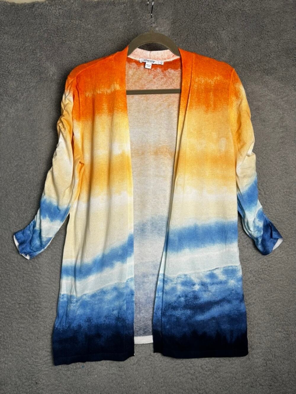 Chico's Size 1 Medium Multicolor Open Front Cardigan Gathered Sleeves Beachy EUC